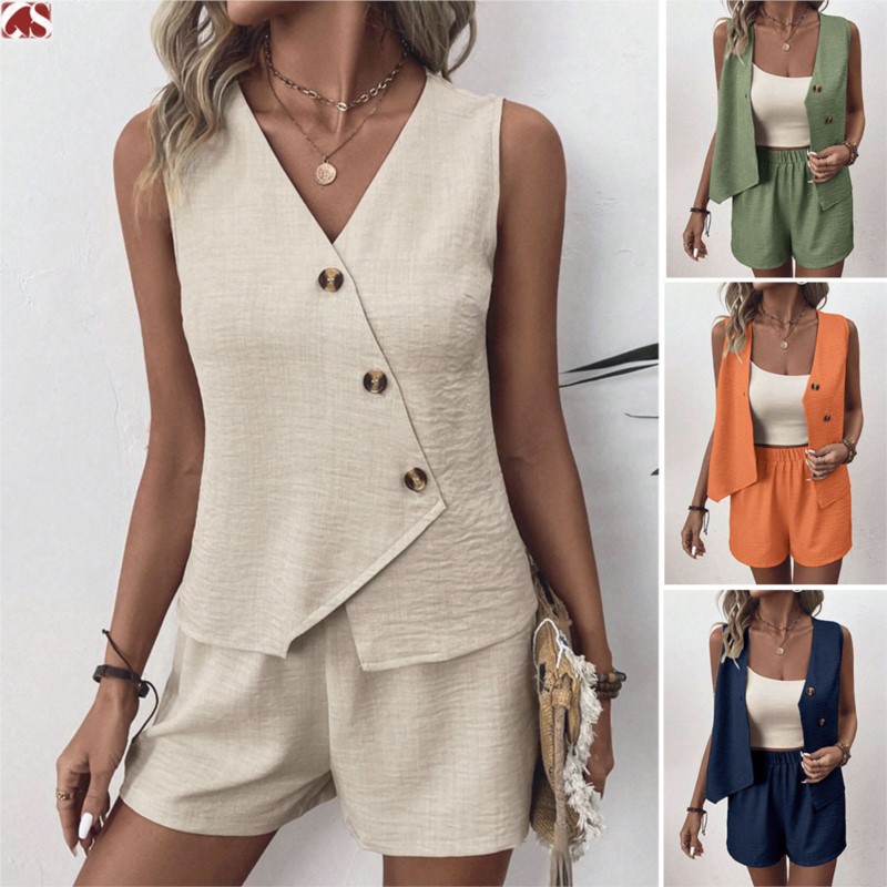 Summer Clothing Set For Girls - Feminino casual irregular colete shorts terno