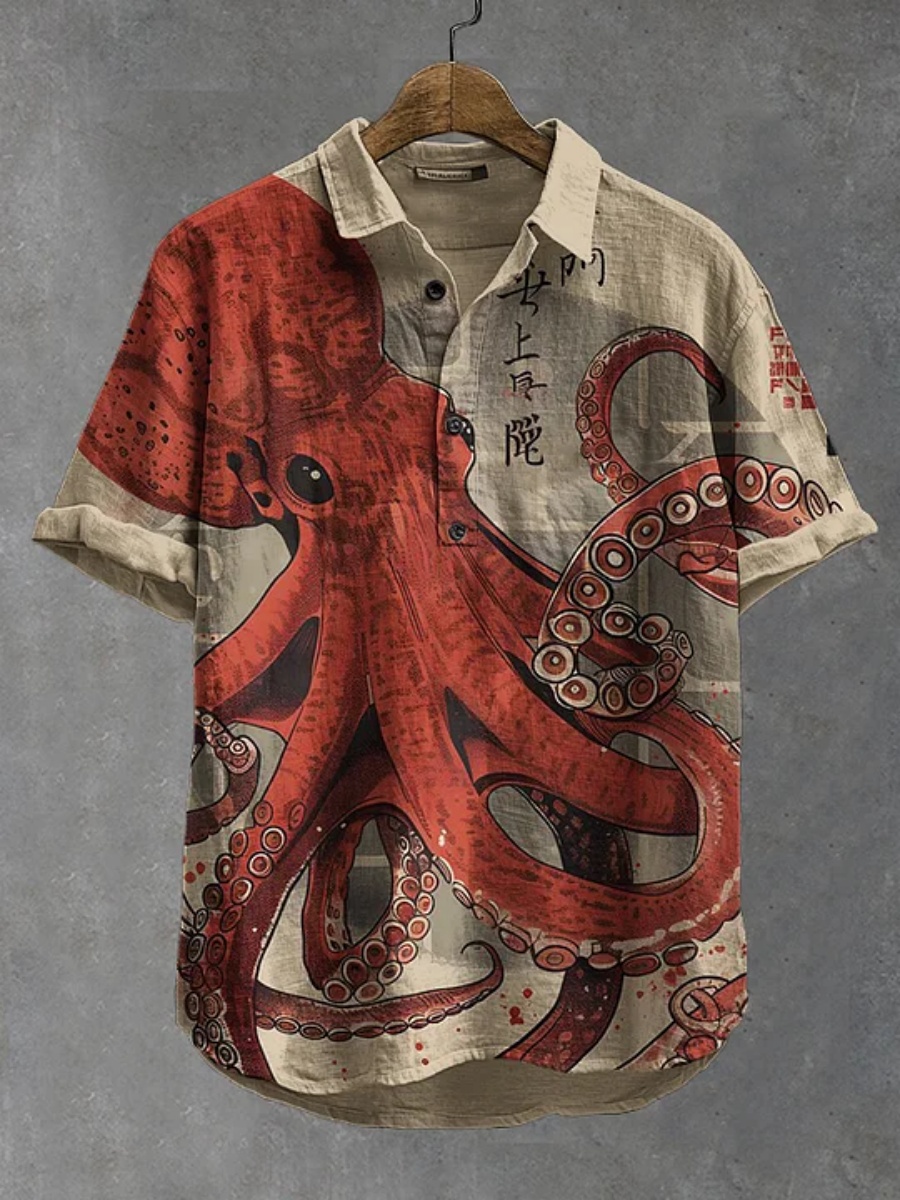 Summer Clothing Men Linen - Camisa polo masculina com estampa de